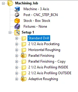 RhinoCAM machining job tree: 3-axis machine, CNC_STEP_BCN post, box stock, and Setup 1 listing all operations from standard drill through profiling