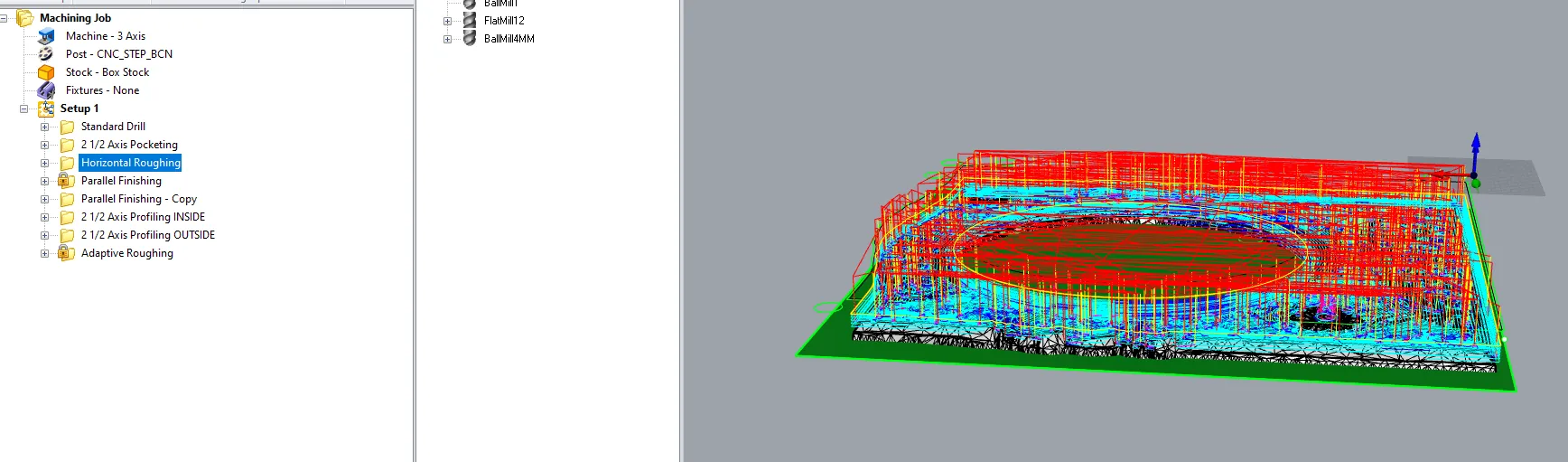 RhinoCAM horizontal roughing toolpath, dense tracks over the stock