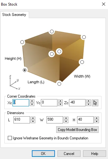RhinoCAM Box Stock dialog defining a 610 by 590 by 40 mm pine blank with origin at the corner