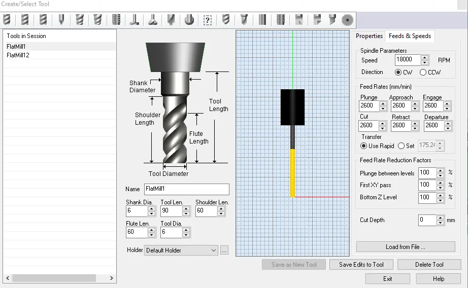 RhinoCAM tool definition for a 6 mm flat end mill at 18000 RPM