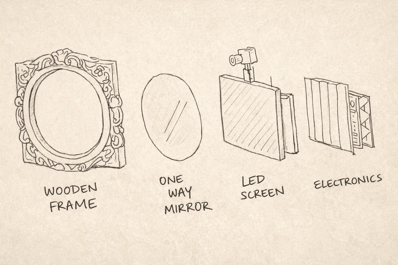 Exploded component sketch: wooden frame, one way mirror, LED screen, electronics