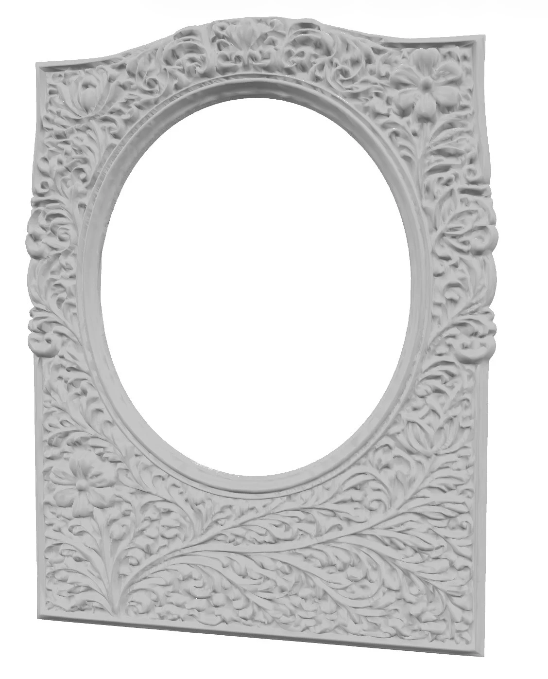 3D render of the CNC frame — ornate botanical relief with oval aperture, scrolling vines, acanthus leaves, and flowers