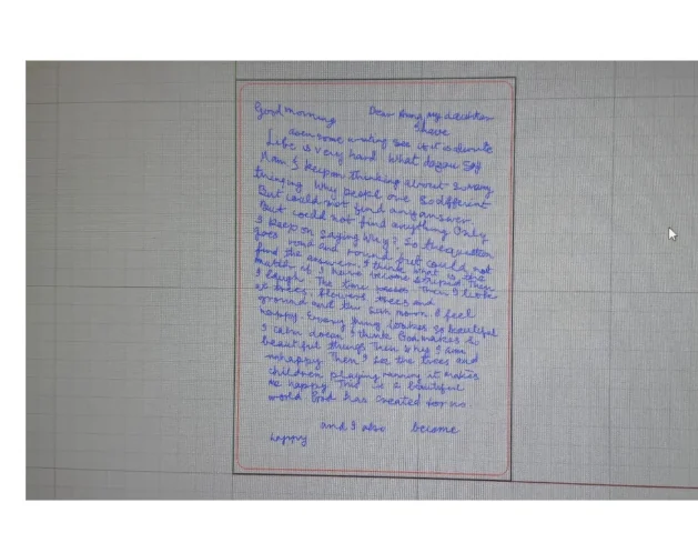 LightBurn job for the letter: the handwriting traced as blue mark strokes inside a red cut rectangle on the laser bed grid