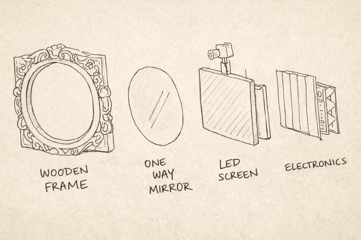 Hand-drawn exploded diagram of the mirror's construction, left to right: an ornate Wooden Frame, a One Way Mirror oval, an LED Screen with a small camera on top, and the Electronics layer behind