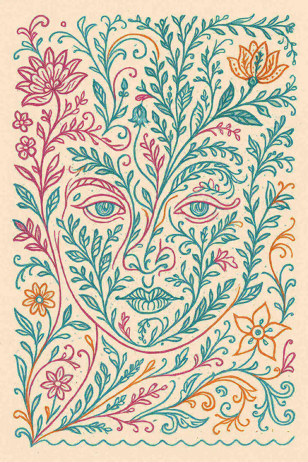 Stylised face emerging from botanical vines — the visual language of the transformation