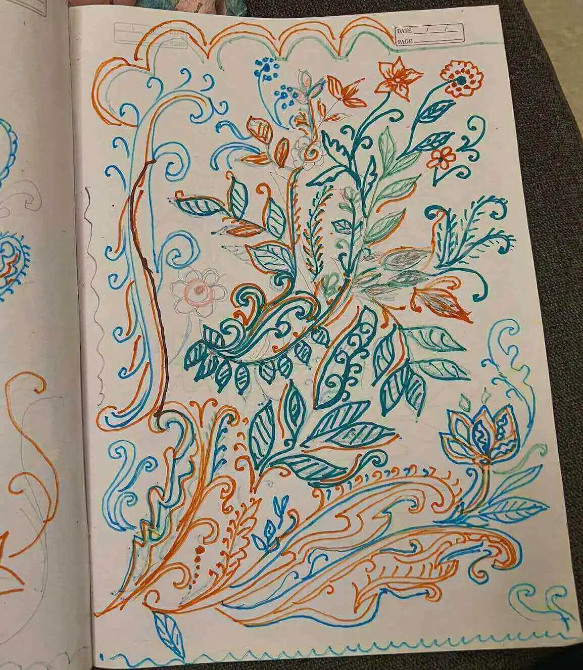 Maya's botanical drawings — flowers, vines, paisleys in blue, teal, and orange ink