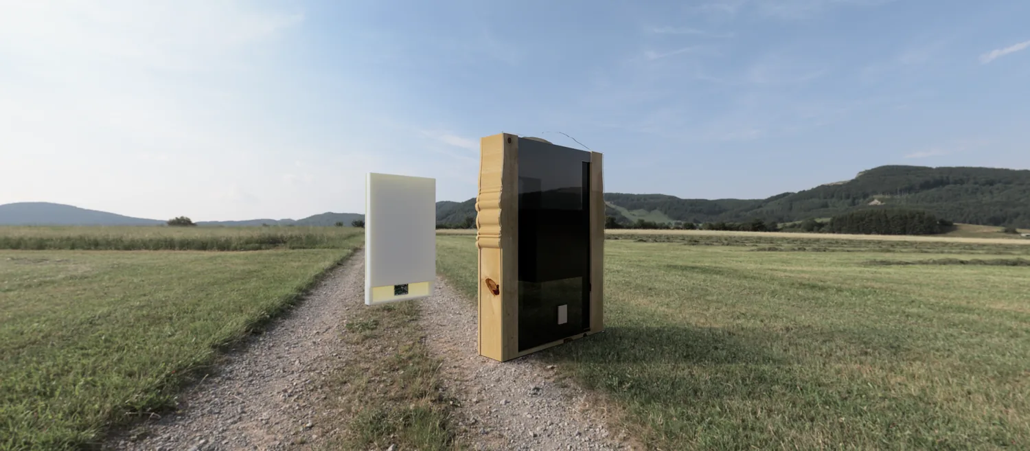 Three-quarter render of the piece in a field, showing the depth of the frame and the dark screen reading through the one-way mirror, letter box alongside