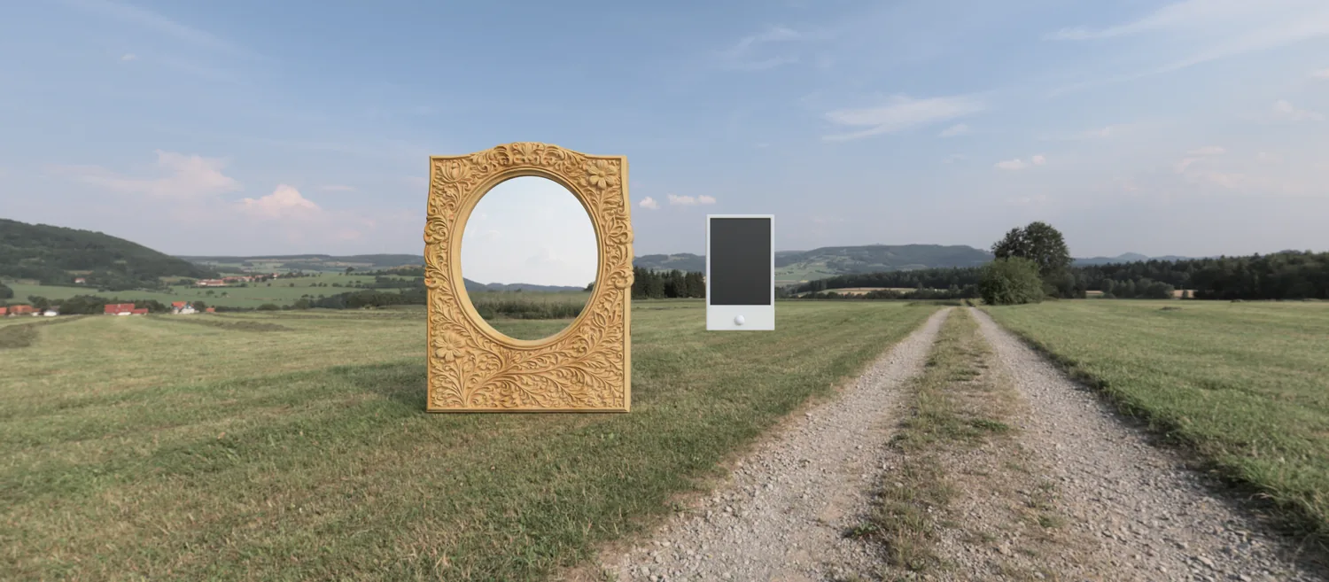 Render of the finished piece standing in a field: the carved pine frame around the oval mirror reflecting the sky, with the letter box beside it