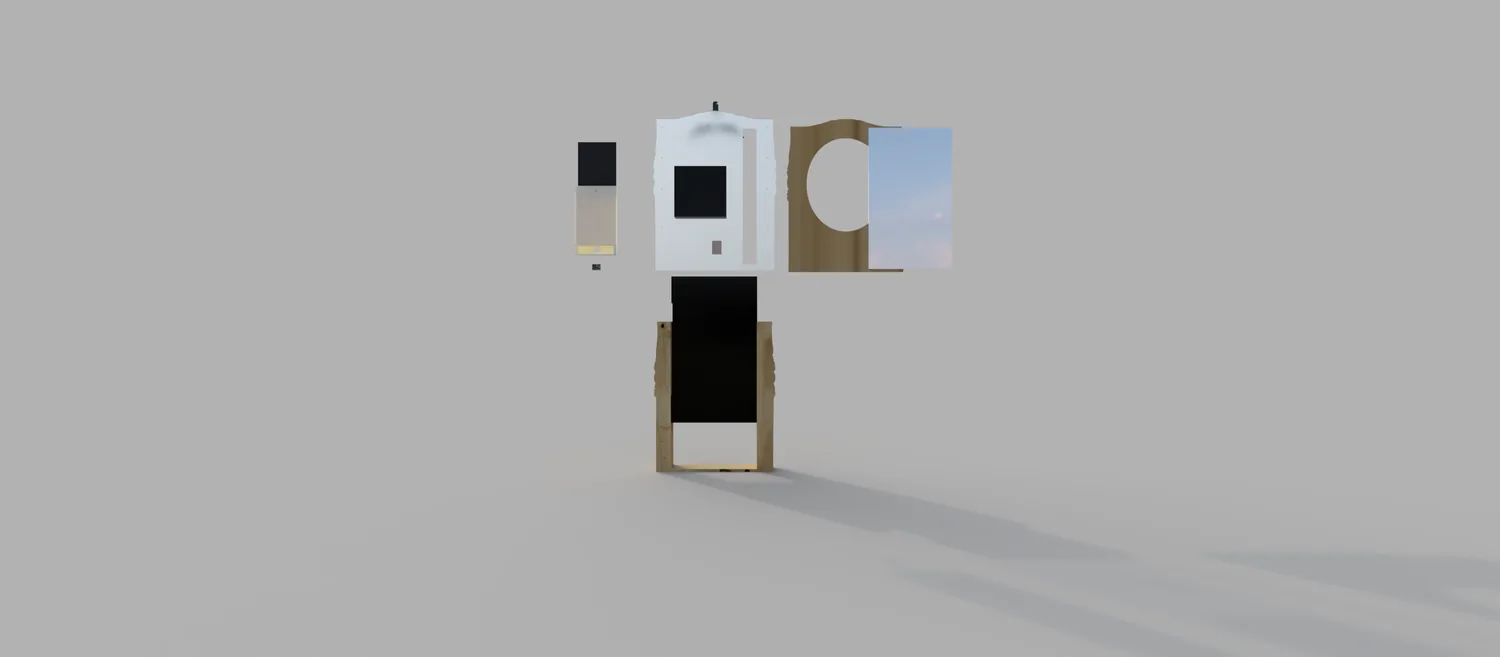 Exploded render of the assembly from a dramatic three-quarter angle, the layers fanned apart in depth