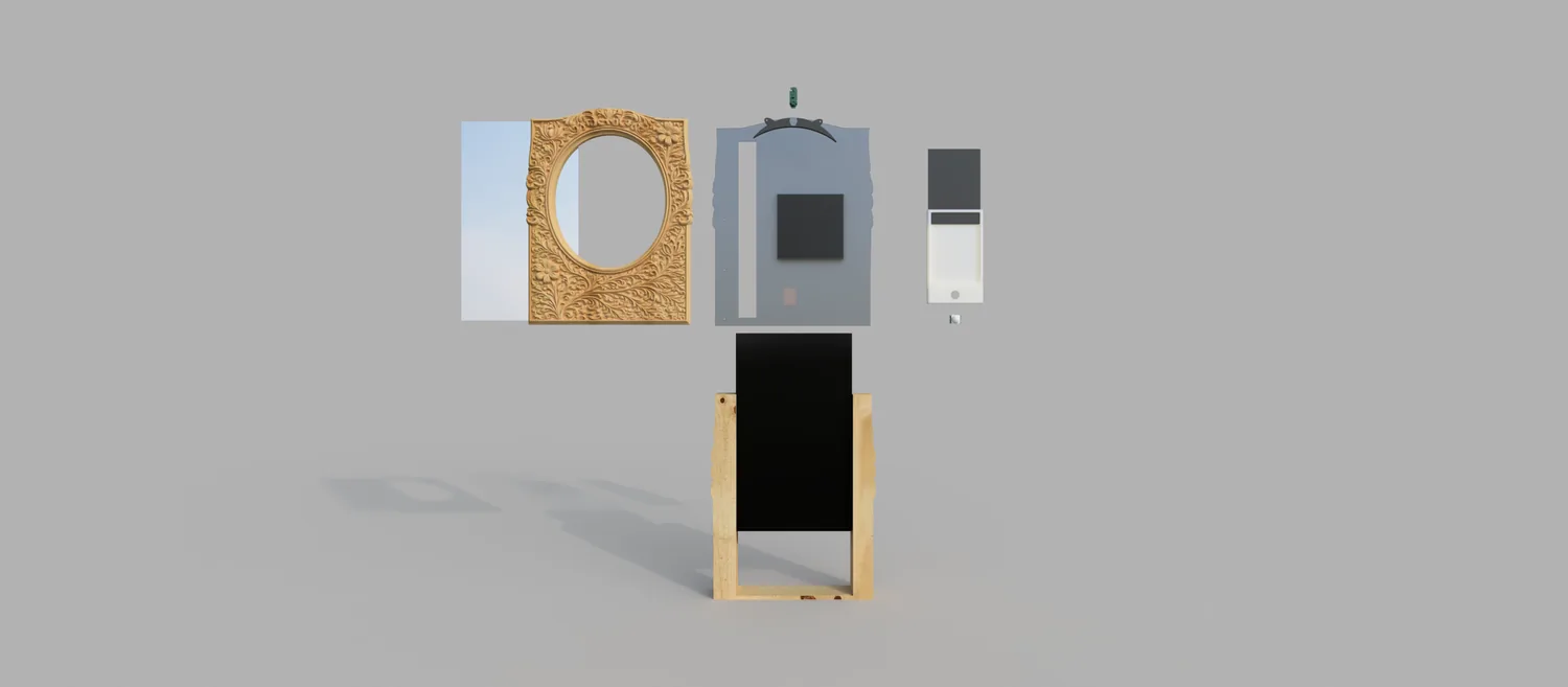 Exploded studio render of the whole assembly: carved frame and mirror, the back panel carrying the screen with webcam mount and PCB, the wood pocket holding the monitor and mini PC, and the separate letter box