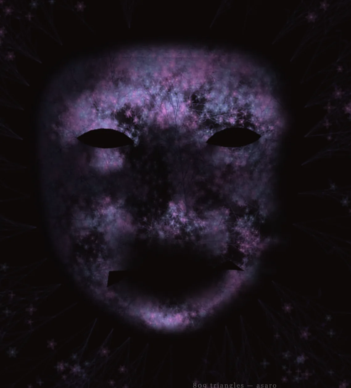 The Asaro lighting iteration: a dark sculptural face rendered with pink-and-purple physarum particle clouds
