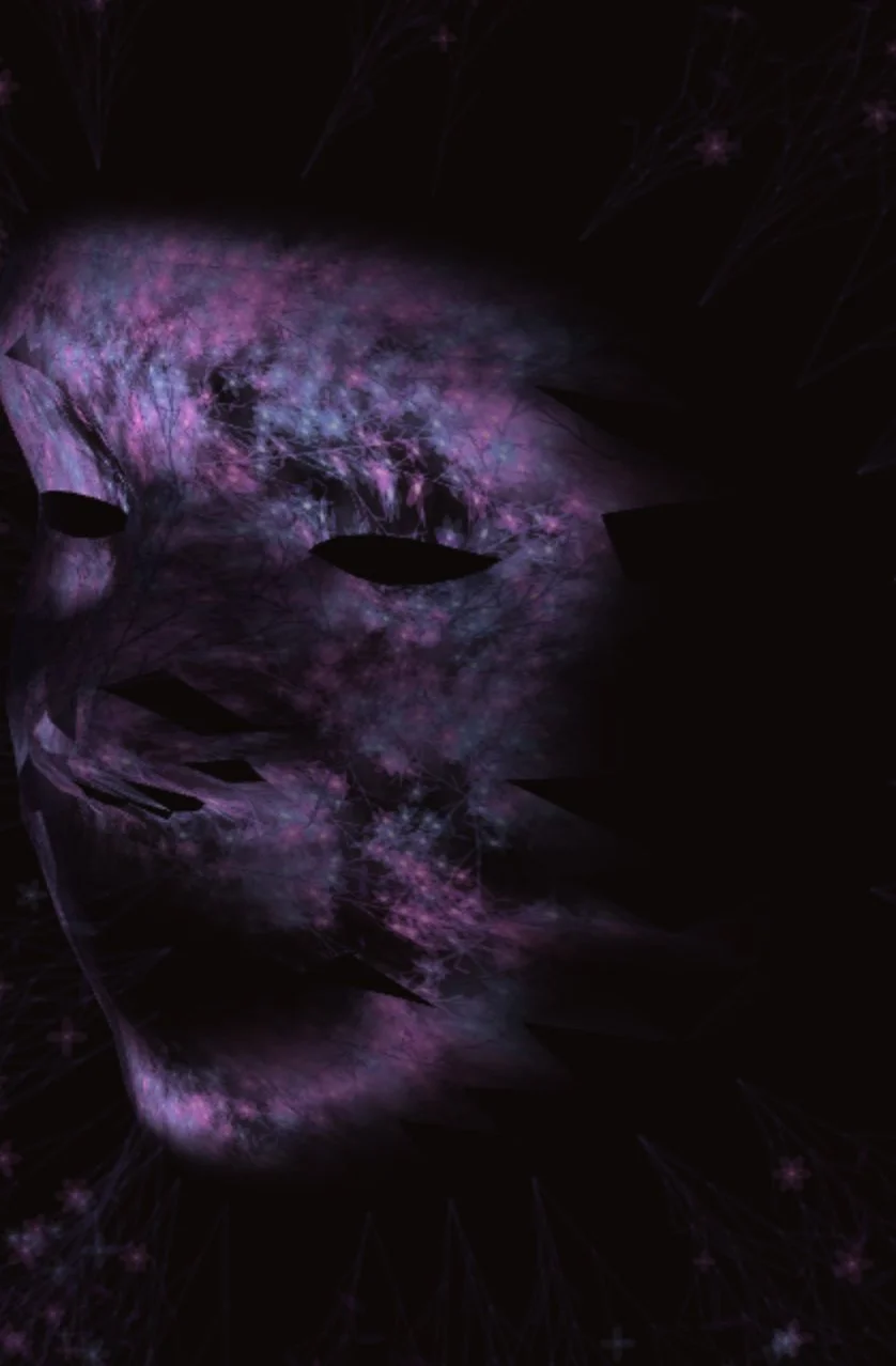 Asaro lighting phase: dark sculptural face rendered with purple nebula-like particle clouds and vine silhouettes