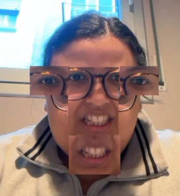 Early prototype: face shown with tiled facial-region patches displaced across the face — blocky glitch distortion