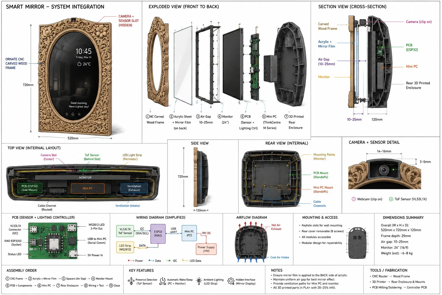 Full system integration diagram: exploded view, cross-section, wiring diagram, PCB layout, airflow