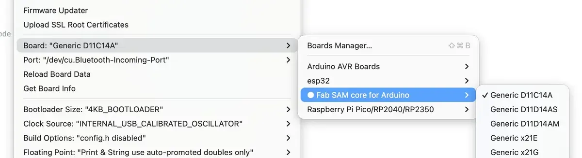 Arduino Tools menu showing Bootloader Size set to 4KB_BOOTLOADER