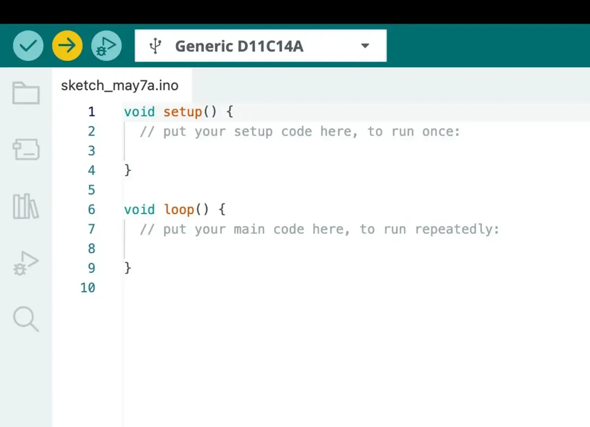 Arduino IDE showing Generic D11C14A selected under Fab SAM core for Arduino in the Tools menu