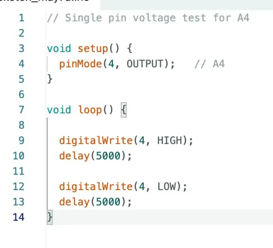 Arduino IDE showing voltage test sketch: pinMode OUTPUT, digitalWrite HIGH delay 5000, LOW delay 5000 on pin A4