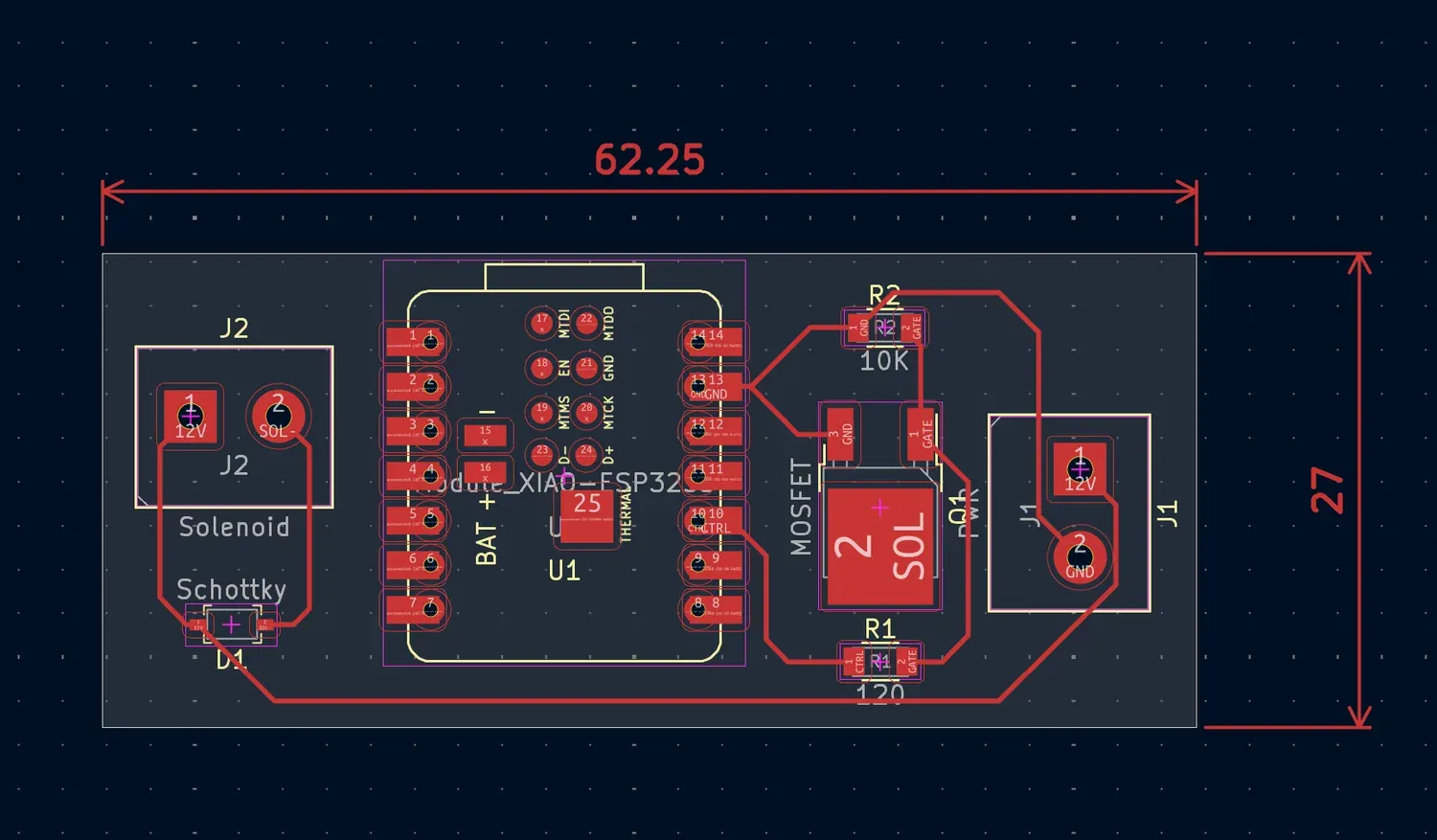 KiCad PCB layout of the Adoora board, 62.25 by 27 mm