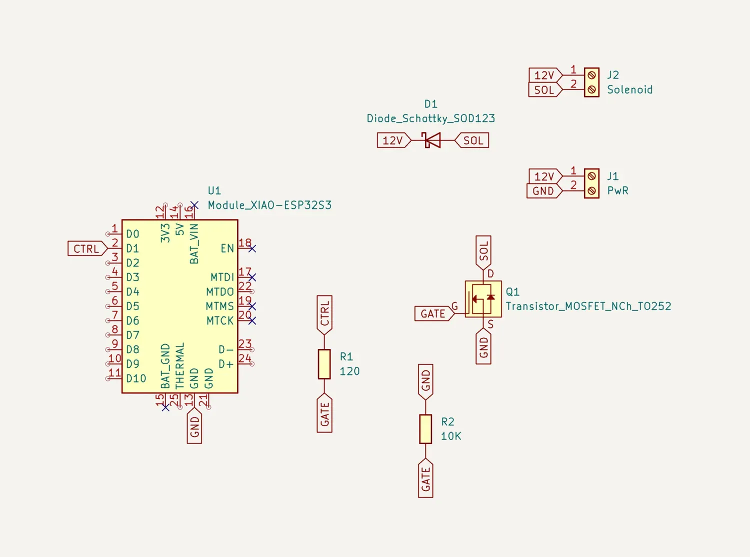 KiCad schematic: XIAO ESP32-S3, N-channel MOSFET, Schottky diode, 120R and 10K resistors, power and solenoid headers
