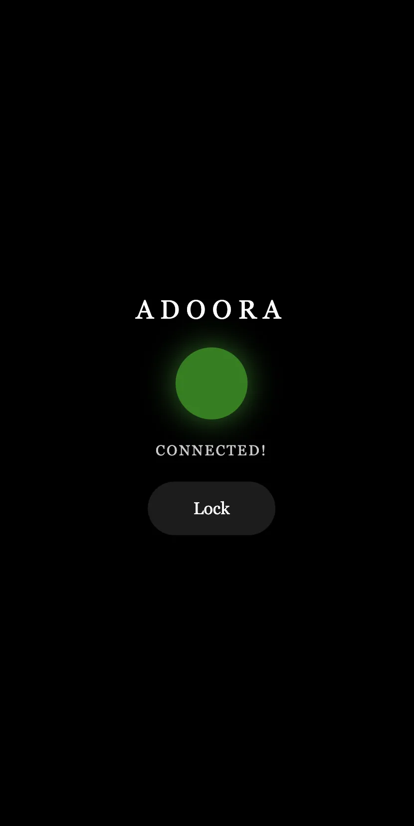 Adoora control page showing a green dot and CONNECTED above a Lock button