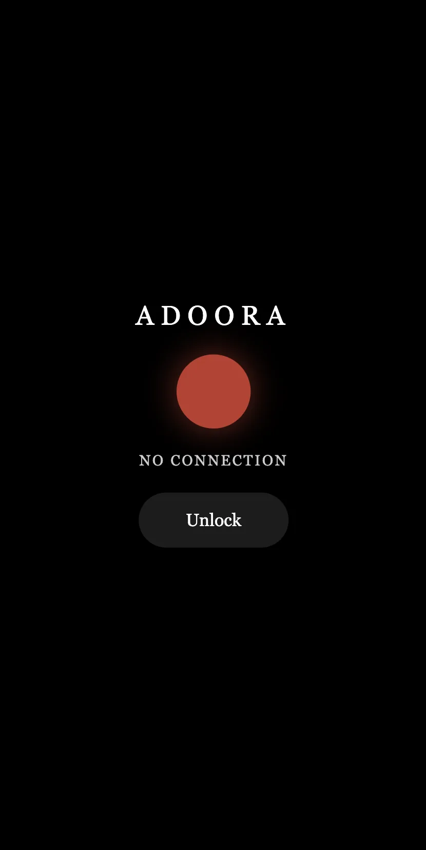 Adoora control page on a phone showing a red dot and NO CONNECTION above an Unlock button