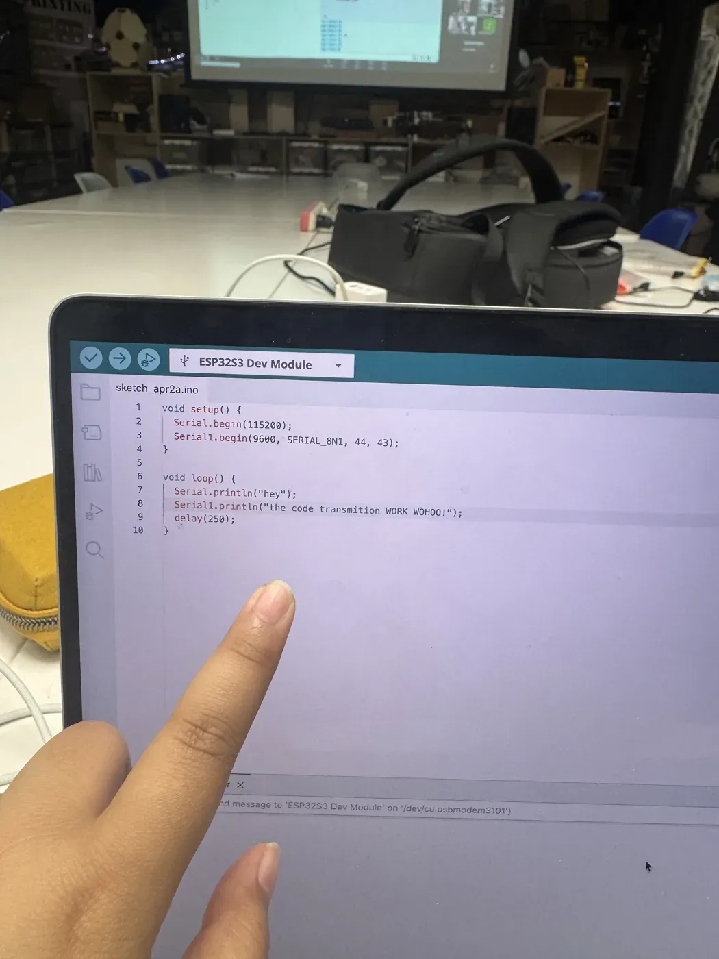 Arduino IDE on the sender Barduino showing Serial1.begin and the message sent over UART