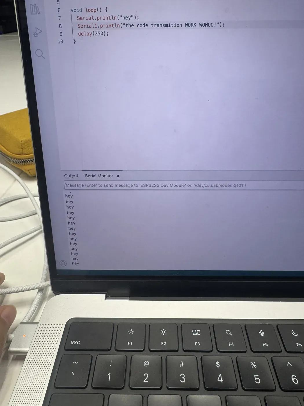 Serial monitor on the sender showing hey printed repeatedly, confirming the loop runs