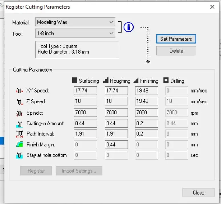Modela Player 4 Register Cutting Parameters dialog showing surfacing, roughing and finishing columns