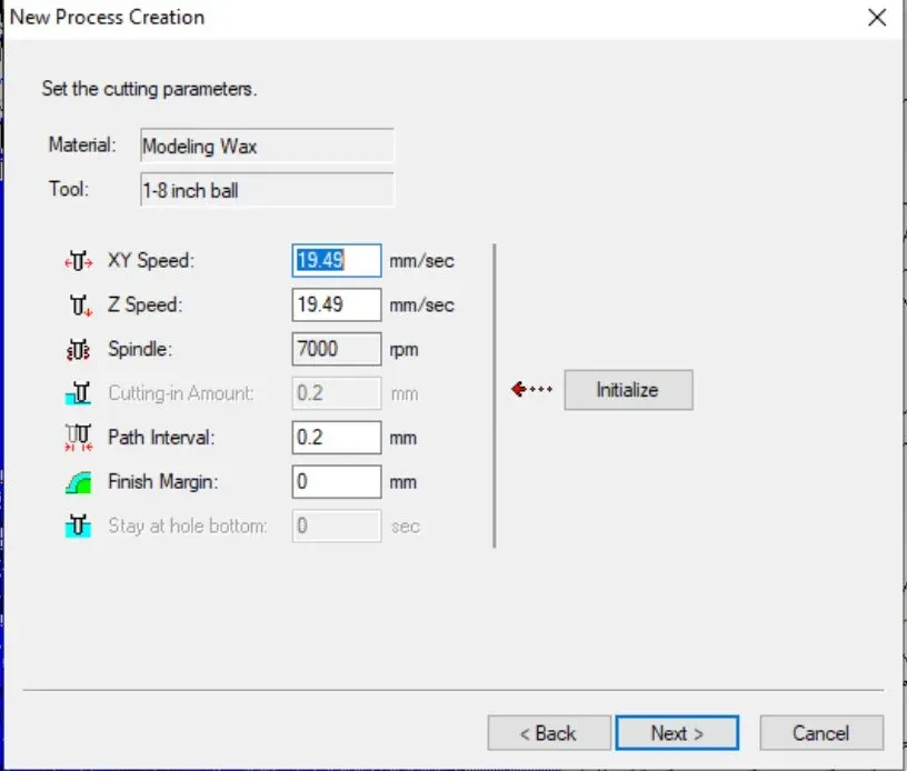Modela Player 4 New Process Creation dialog, finishing parameters with ball-nose tool