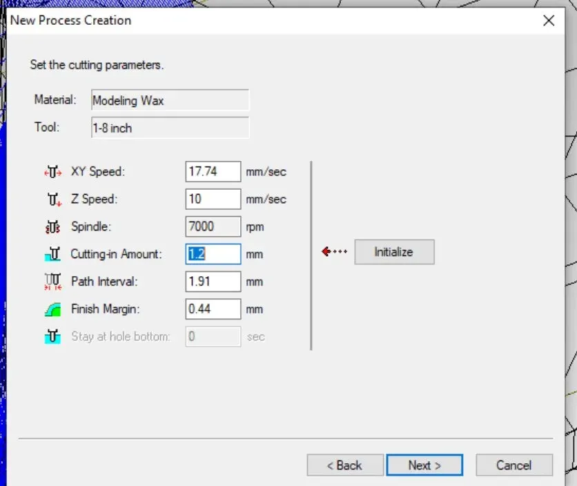 Modela Player 4 New Process Creation dialog, roughing parameters with cut-in 1.2 mm
