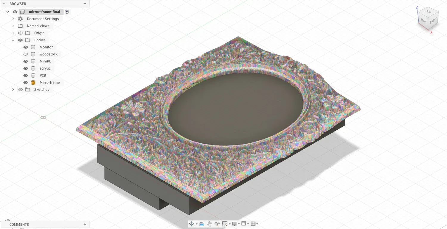 Fusion model of the carved mirror frame with the browser body tree showing Monitor, woodstock, MiniPC, acrylic, PCB and Mirrorframe