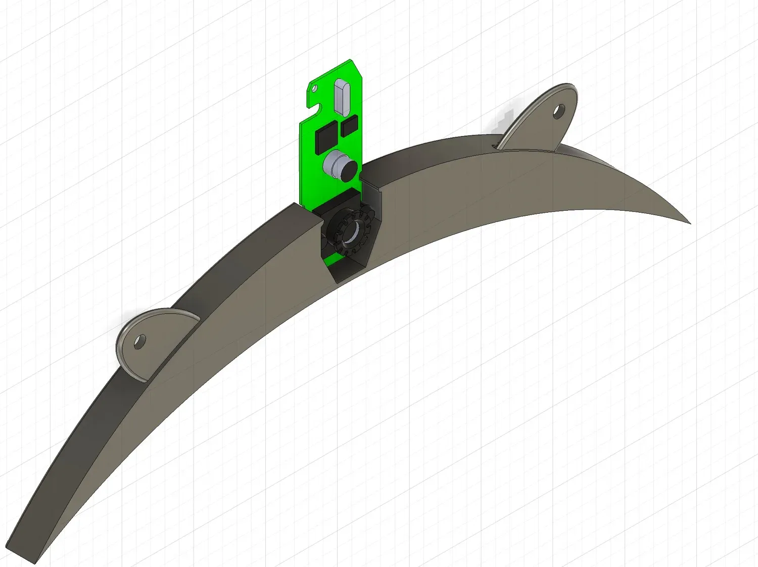 CAD of the 3D-printed curved-arm webcam mount holding the green sensor PCB
