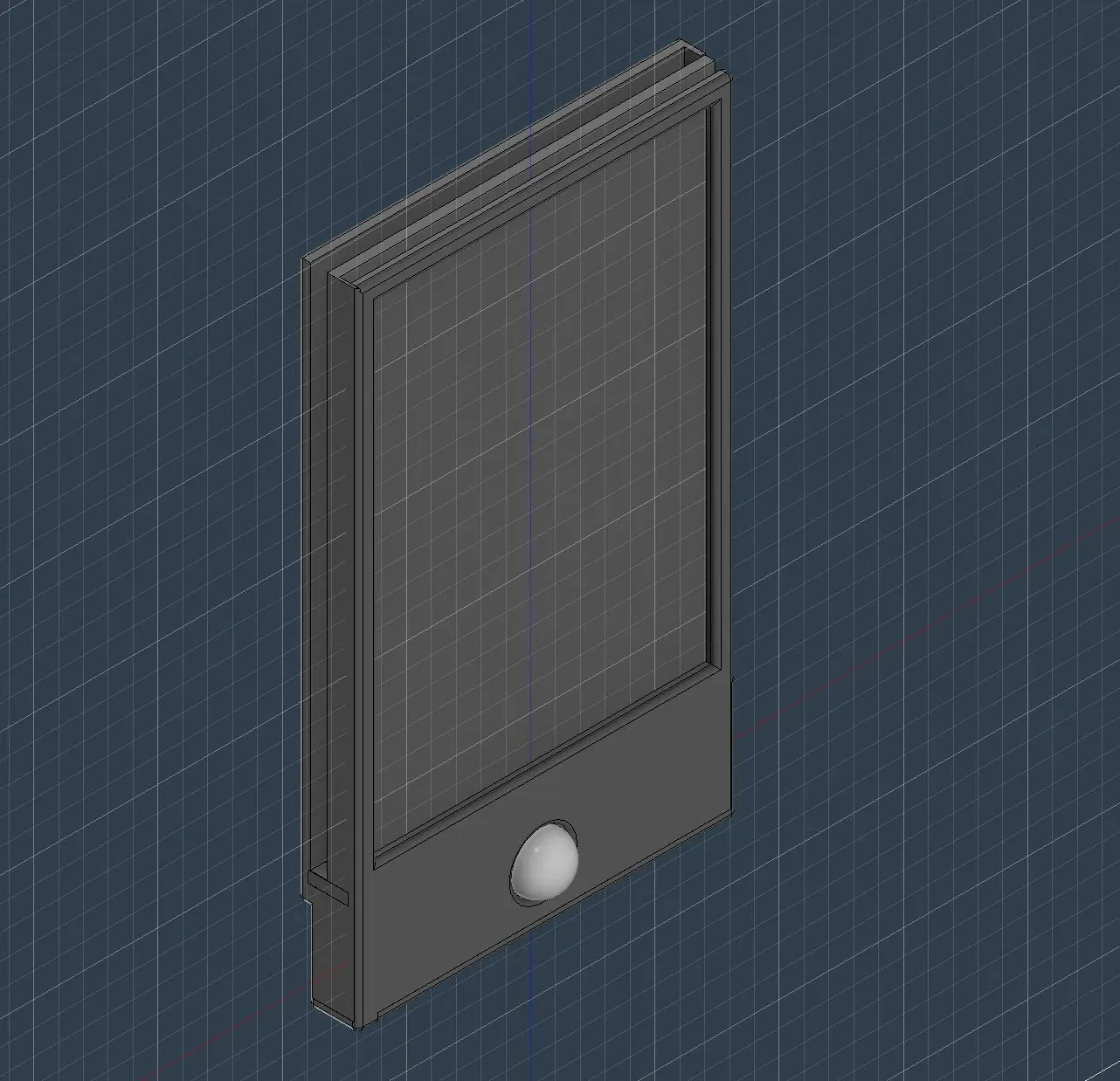 CAD of the mirror front with the 3D-printed lower-bezel box that houses the laser-marked acrylic letter