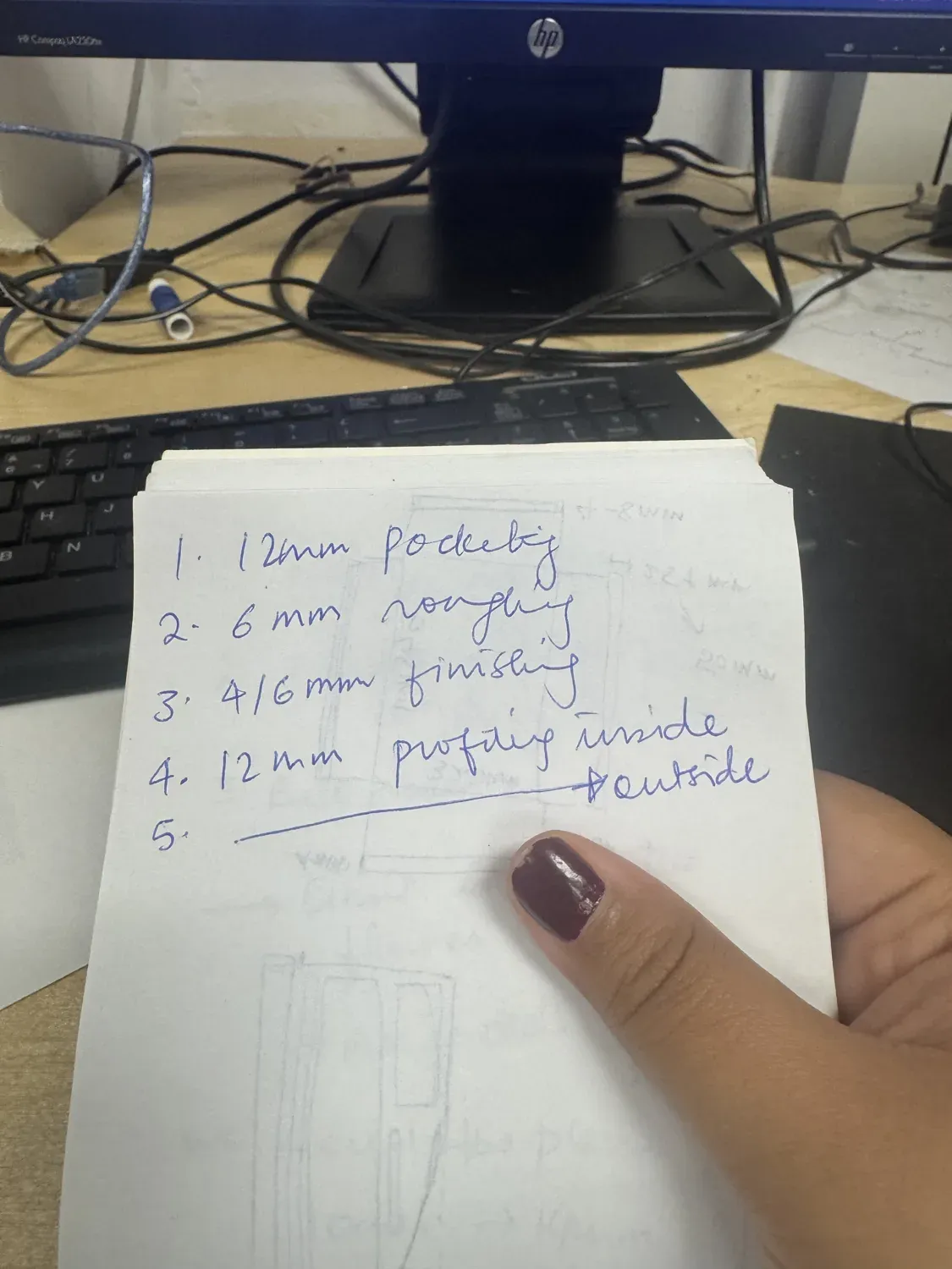 Handwritten notes listing layer thicknesses and spacing for the stack-up