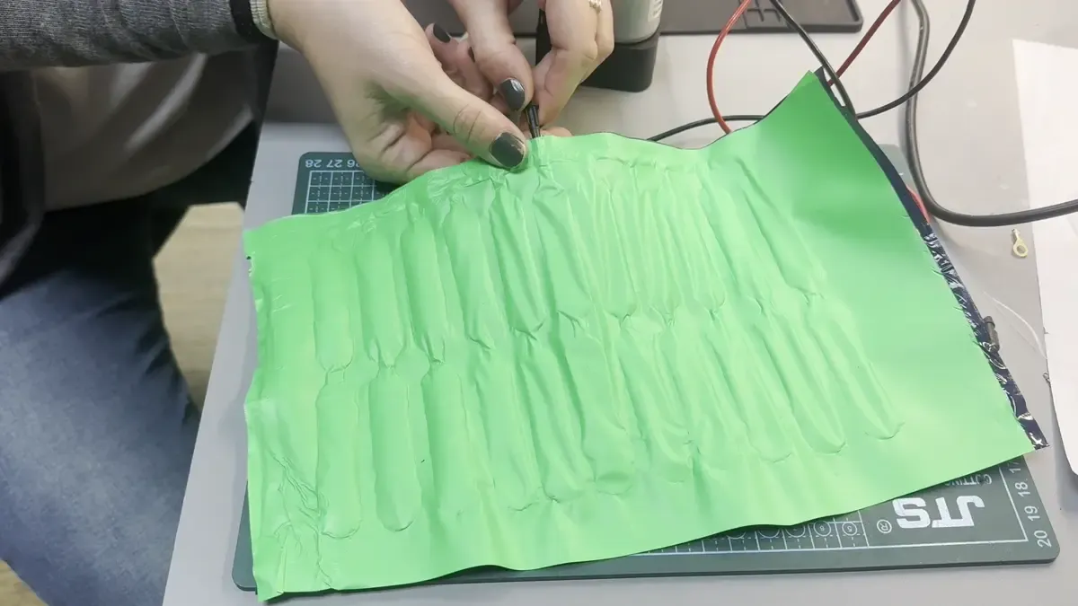 Green vinyl inflating showing channel structure