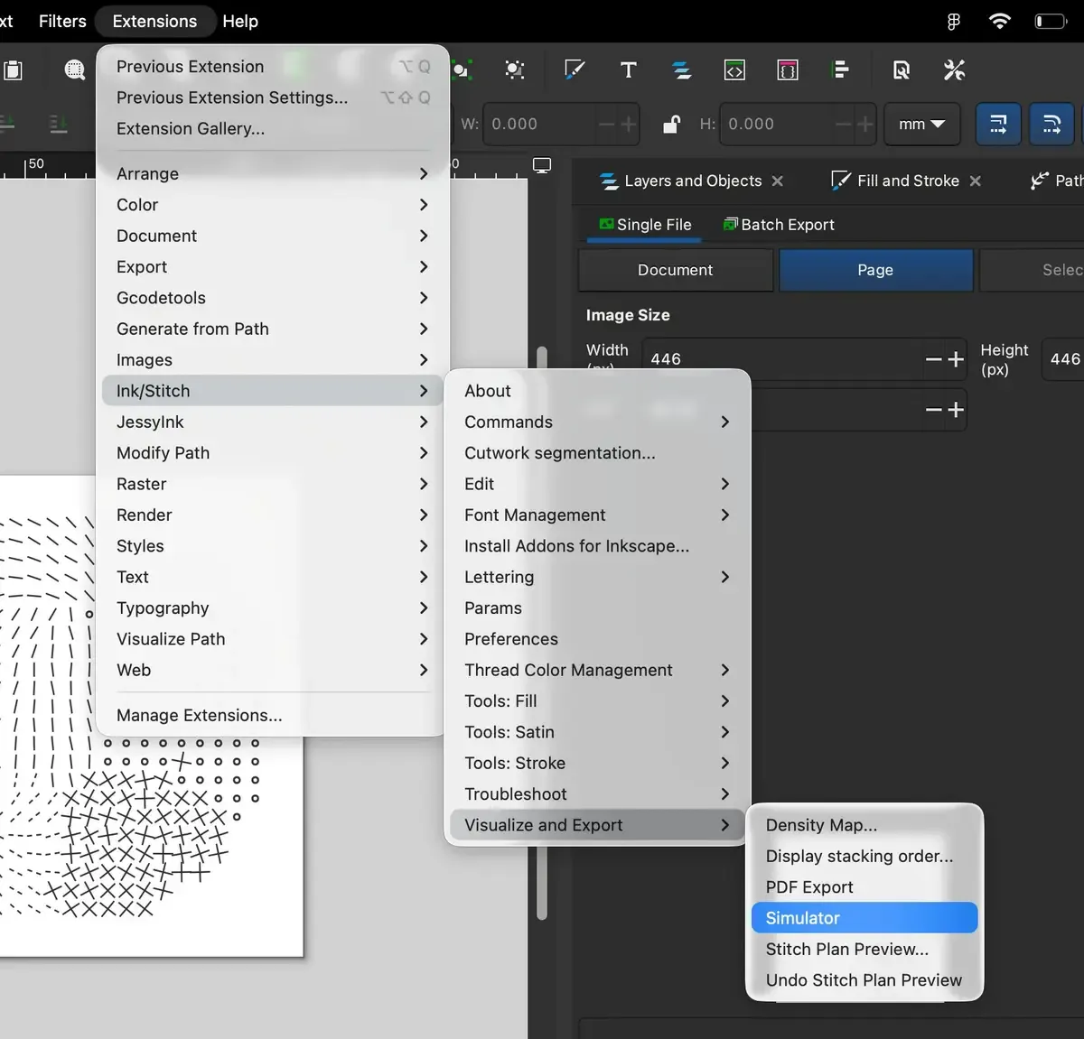 Inkscape with Ink/Stitch menu showing Visualize and Export > Simulator