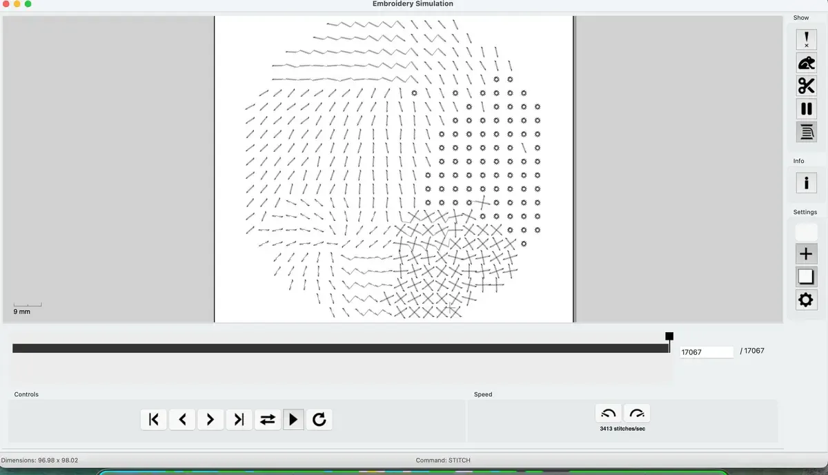 Ink/Stitch embroidery simulator showing 17,067 stitches