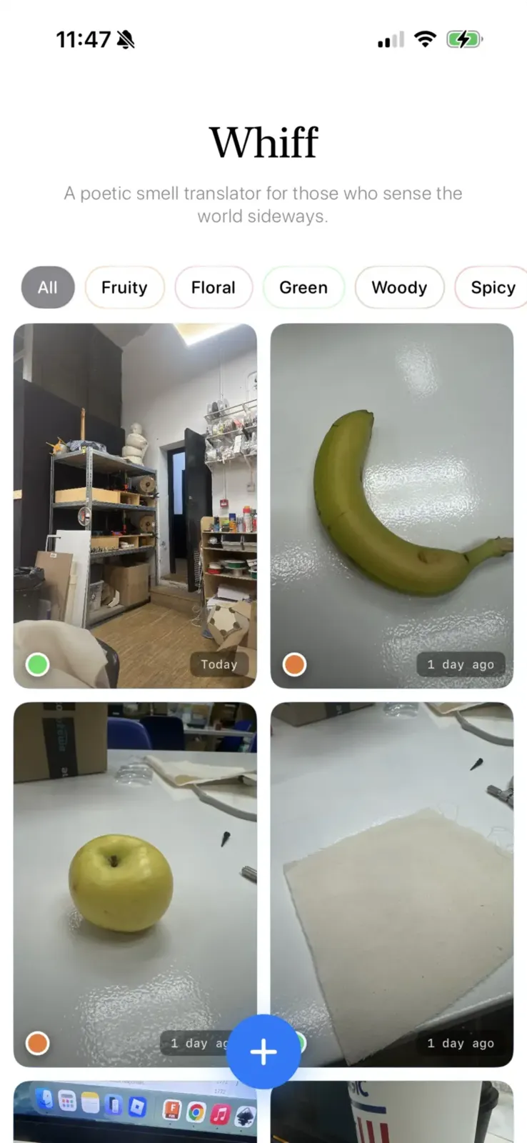 Whiff app home screen showing captured smell photos