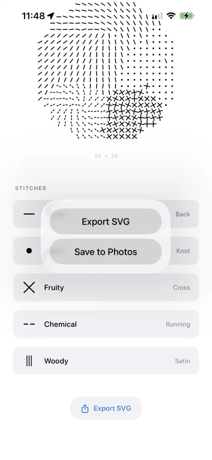 Whiff export options showing Export SVG and Save to Photos