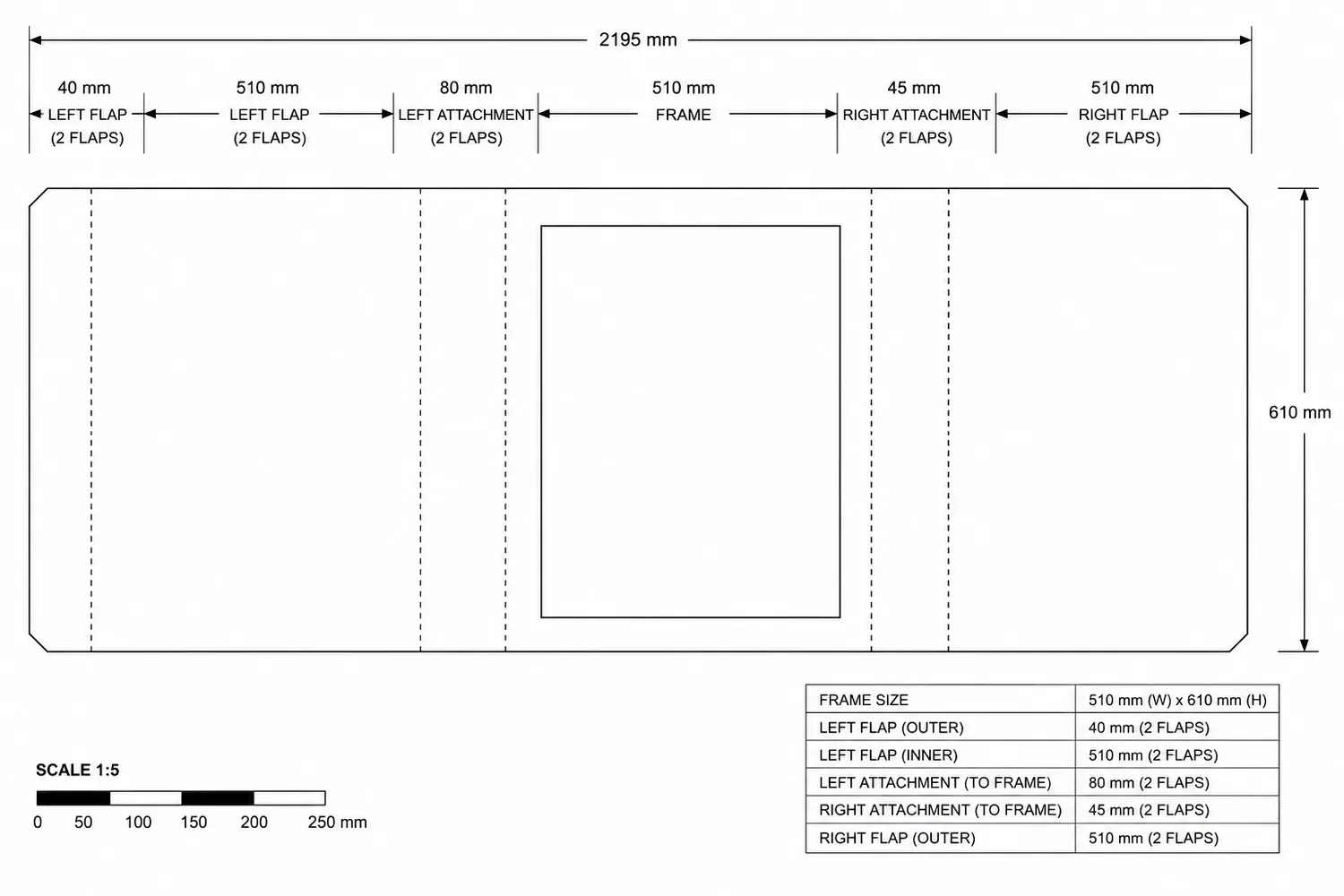 Dimensioned flat net of the chassis pocket: 2195 mm wide, 610 mm tall, 510x610 mm frame opening, flaps and attachments labelled