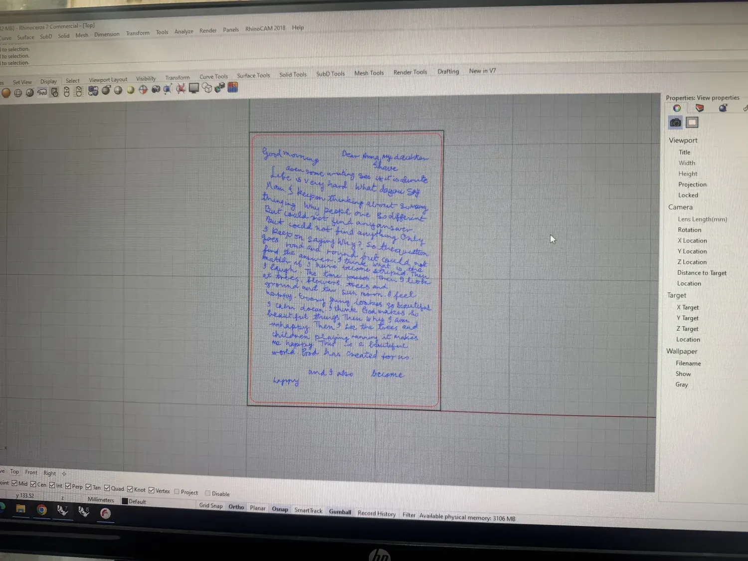 Maya's handwritten letter as a centerline vector in Rhino, inside a rounded laser frame