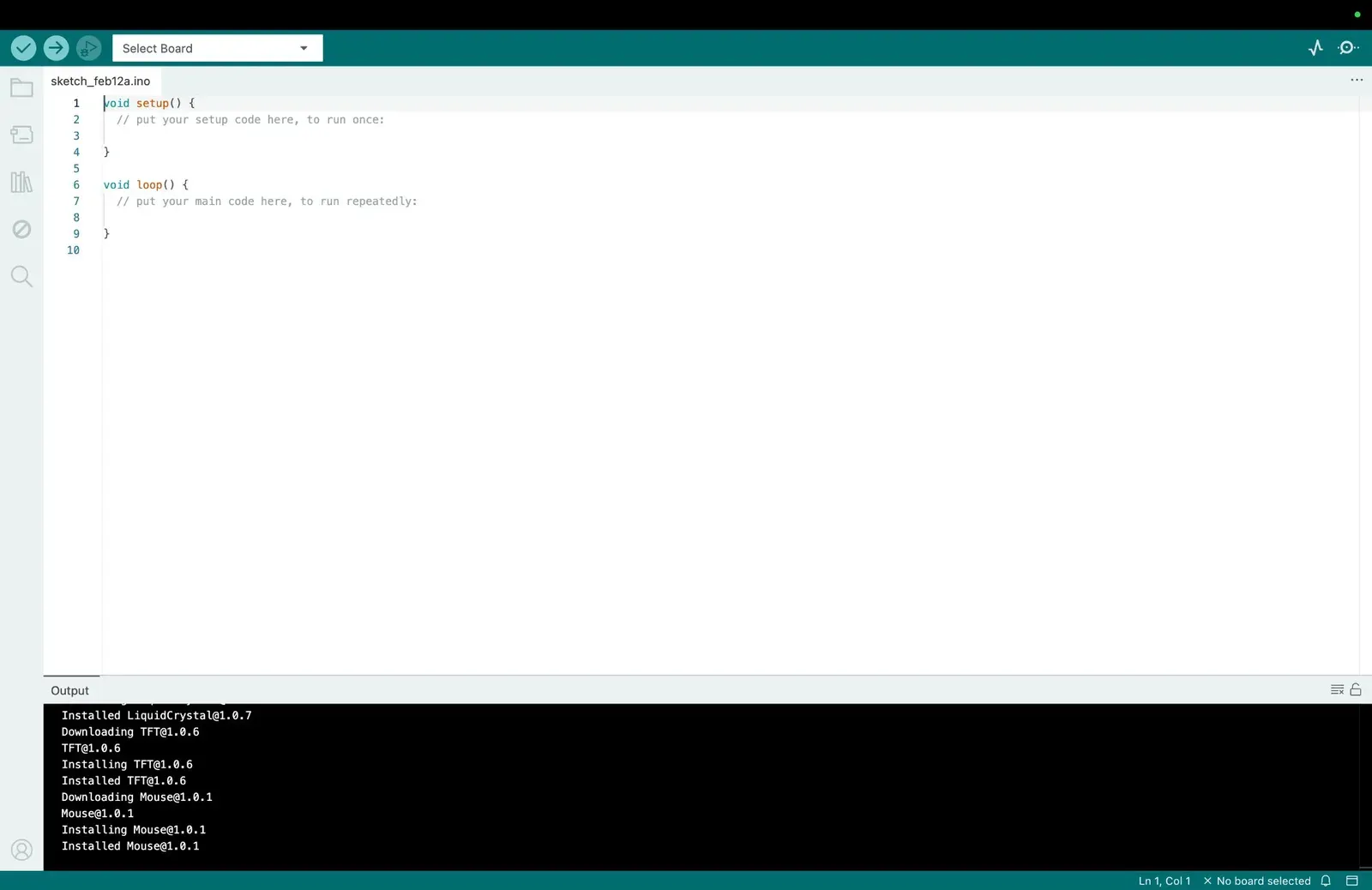 Arduino IDE showing void setup and void loop default sketch