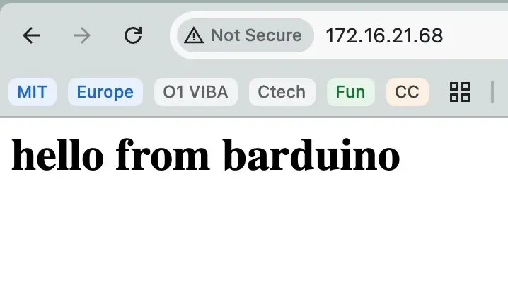 Browser showing 'hello from barduino' served from ESP32 at 172.16.21.68