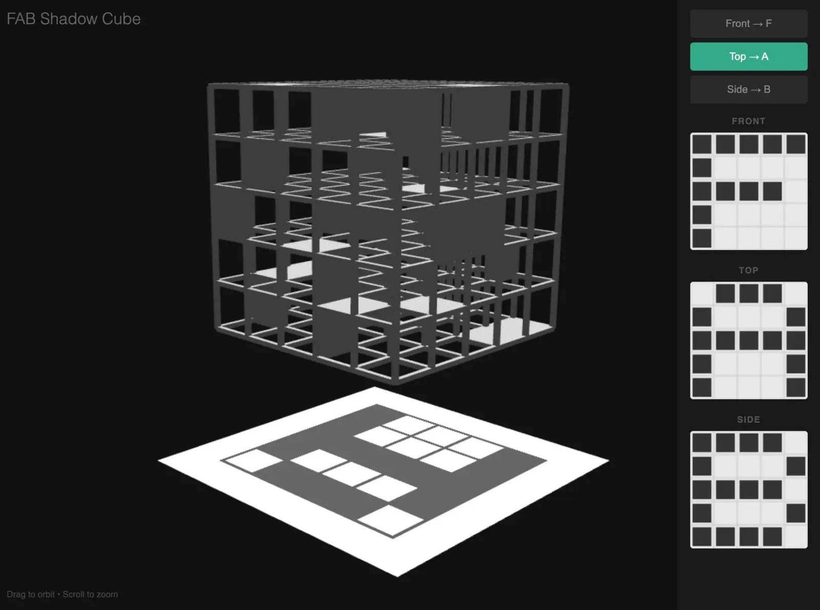 Interactive FAB Shadow Cube preview tool showing 3D model with shadow projection and pixel grids for F, A, B