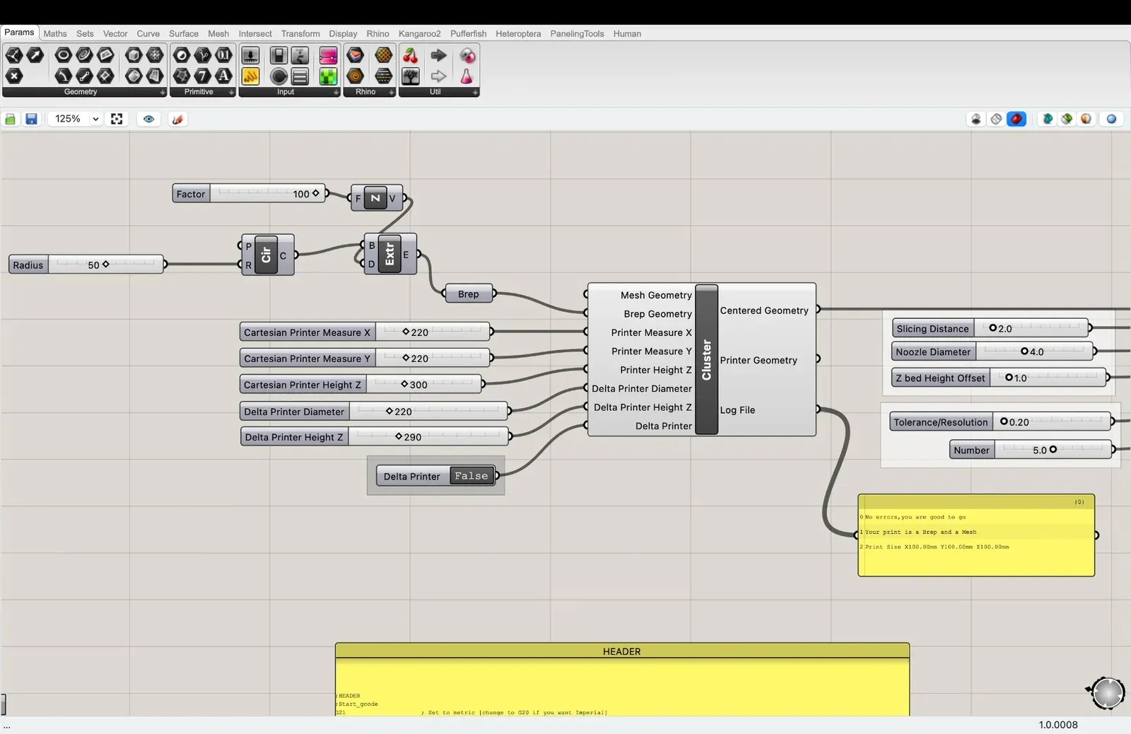 Grasshopper cluster showing printer parameters and slicing configuration