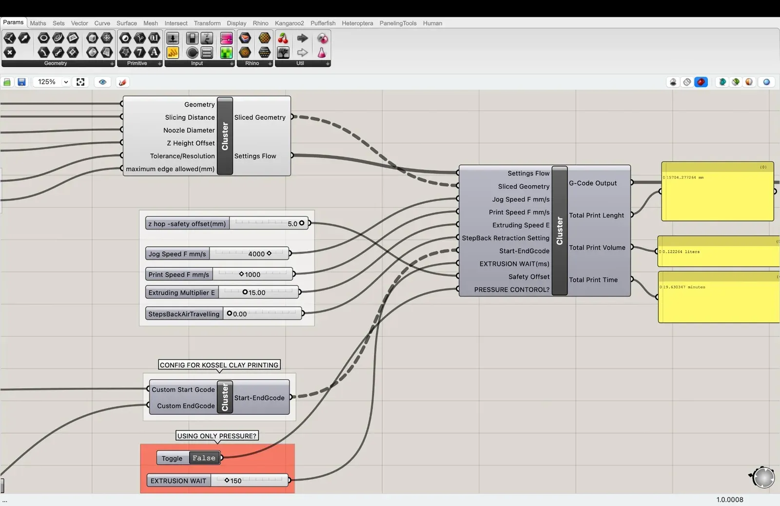 Grasshopper GCode generation cluster with speed, extrusion, and output settings