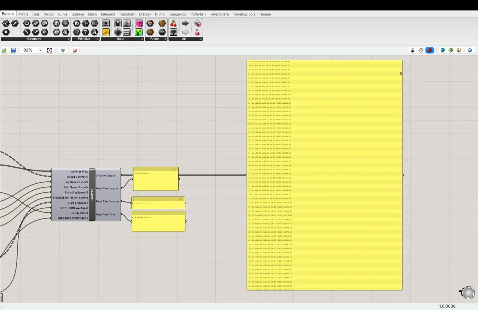 Grasshopper output showing raw GCode coordinates