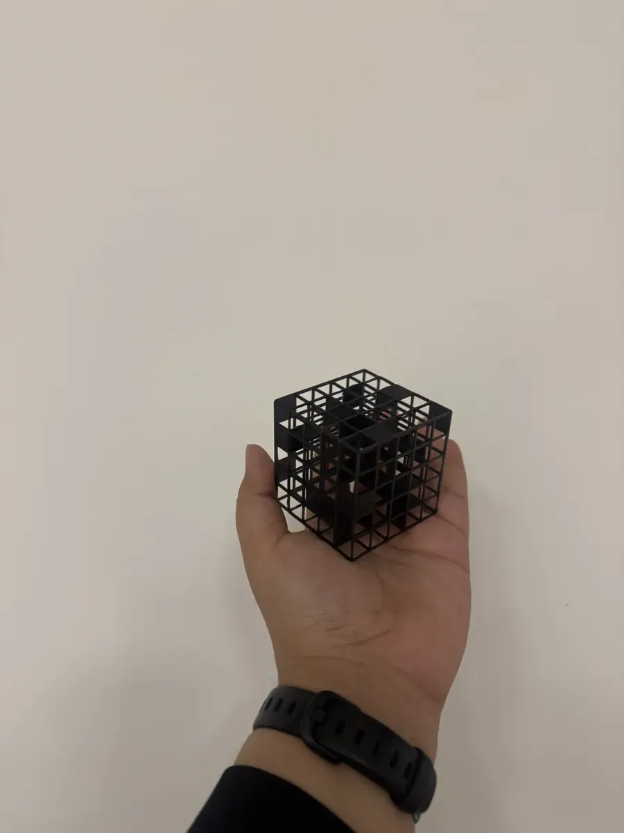 Finished resin-printed lattice cube held in hand, showing scale