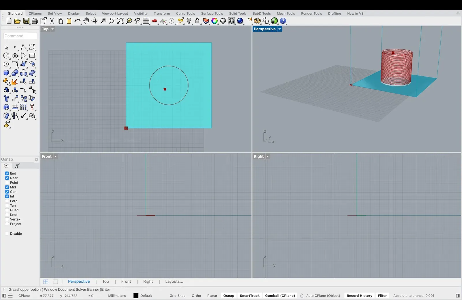 Rhino viewport showing the kulhad cylinder model in four views