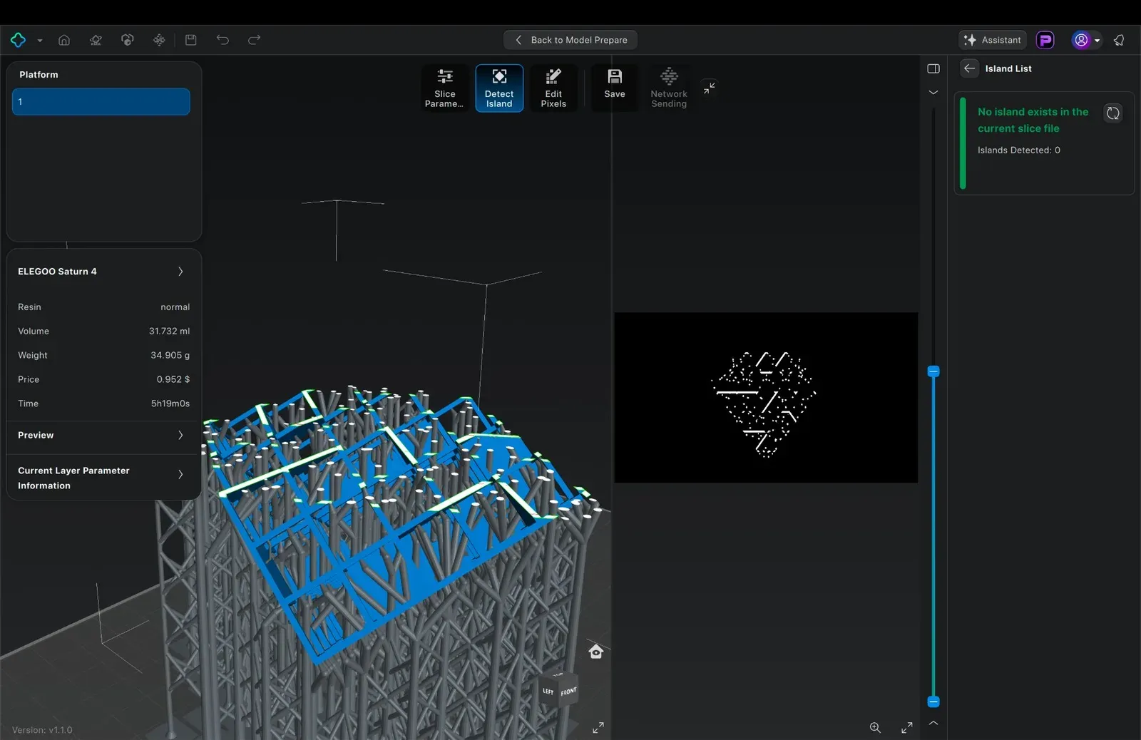 Chitubox post-slice view showing support structures and island detection